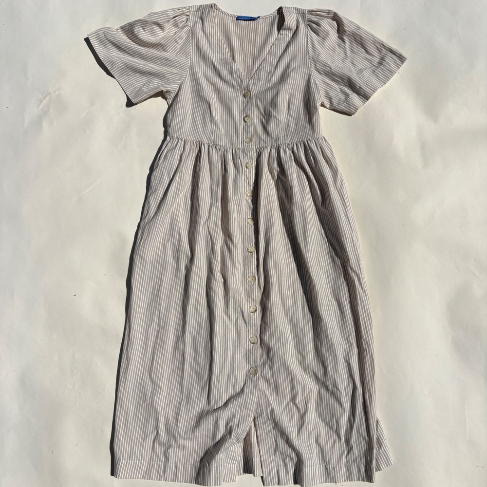 J.McLaughlin Tan White Striped Linen Blend Button Front Midi Dress Large L
